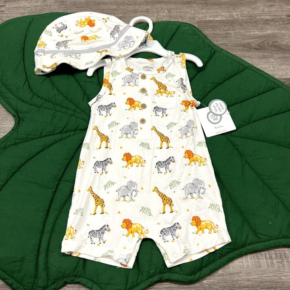 Little Me Bamboo 12M Animals Tank Sleeveless Shortie Romper Hat Set Zoo